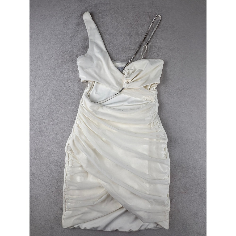 Oh Polly Ivory Ruched Mesh Mini Dress Rhinestone Chain Cutout One Shoulder US 4 - Picture 2 of 10